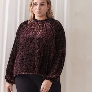 Nwot Addition Elle Balloon-Sleeve Burnout Velvet Top - Winetasting - Size XL